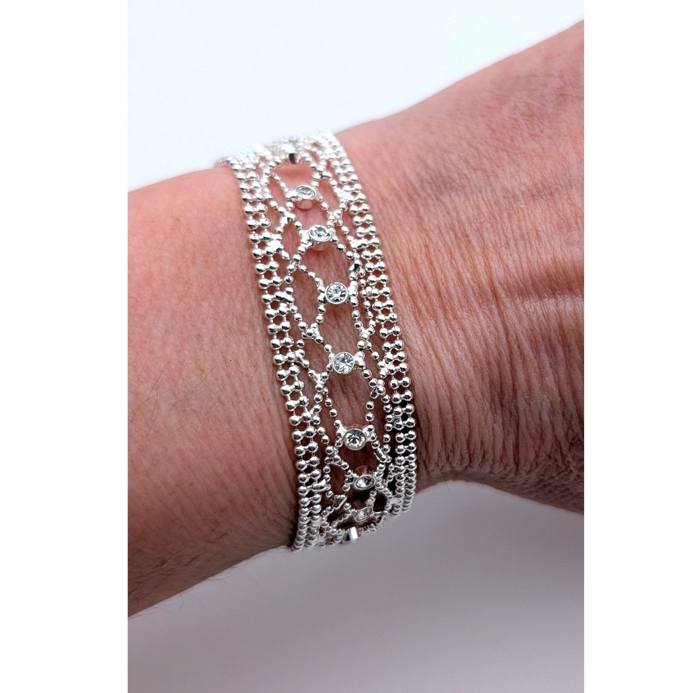 Silver Tone Wide Mesh Rhinestone Lattice Statement Bracelet Double Clasp